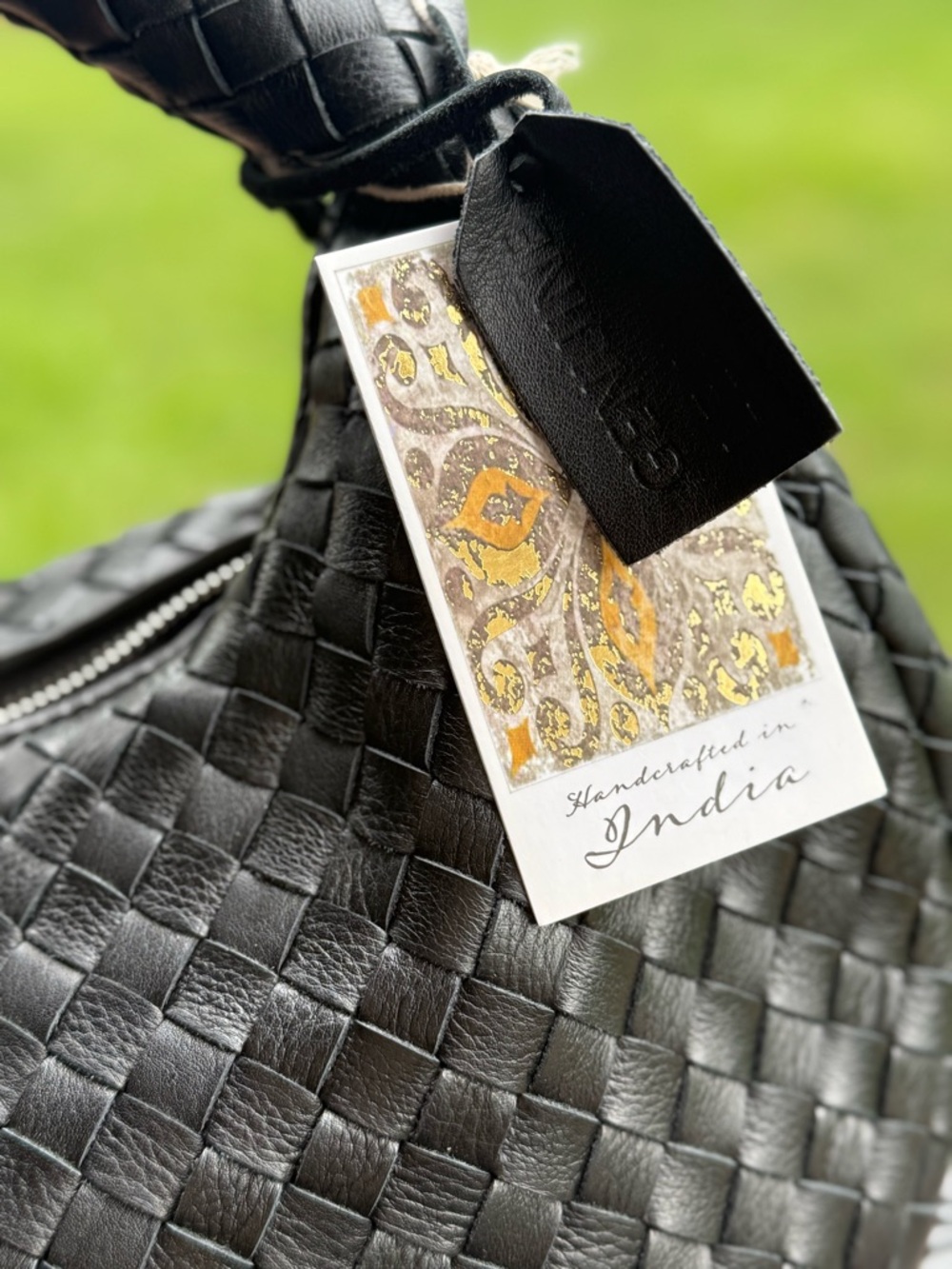Handcrafted Woven Black Leather Hobo Bag Oversized Braided Handle Tassel Purse - Picture 2 of 7